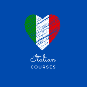 logo bandiera italiana con scritta corso di lingua italiana in inglese